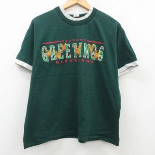 XL★古着 半袖 ビンテージ Tシャツ メンズ 90年代 90s GREETINGS トナカイ コットン クルーネック USA製 濃緑他 グリーン 23may31 中古(Tシャツ/カットソー(半袖/袖なし))