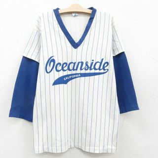 古着 長袖 ビンテージ Tシャツ キッズ ボーイズ 子供服 80年代 80s oceanside カリフォルニア Vネック USA製 白他 ホワイト ストライプ 23jun02(シャツ/カットソー)