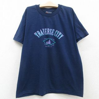 ヘインズ(Hanes)の古着 ヘインズ Hanes 半袖 ビンテージ Tシャツ キッズ ボーイズ 子供服 90年代 90s TRAVERSECITY ヨット ミシガン クルーネック USA製 紺 ネイビー 23jun02(シャツ/カットソー)