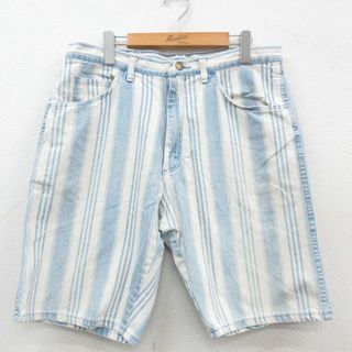 ラングラー(Wrangler)のW33★古着 ラングラー Wrangler ショート パンツ ショーツ メンズ 90年代 90s コットン USA製 薄紺他 ネイビー デニム ストライプ 【spe】 23jun09 中古 ボトムス 短パン ショーパン ハーフ(ワークパンツ/カーゴパンツ)