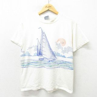 オーシャンパシフィック(OCEAN PACIFIC)のM★古着 オーシャンパシフィック OP 半袖 ビンテージ Tシャツ メンズ 80年代 80s ヨット染込プリント コットン クルーネック USA製 白 ホワイト 23jun02 中古(Tシャツ/カットソー(半袖/袖なし))