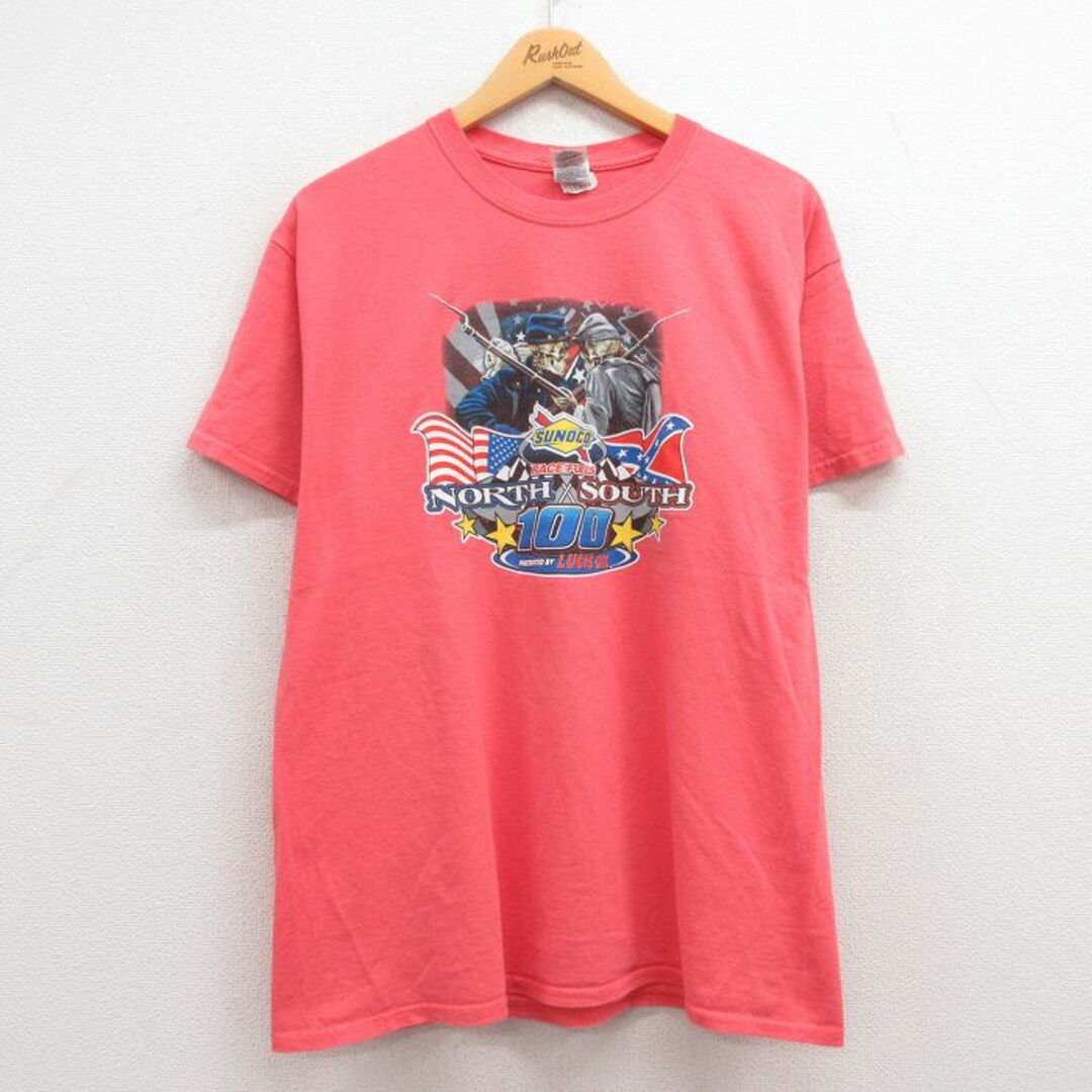 L★古着 半袖 Tシャツ メンズ レーシングカー スケルトン コットン クルーネック 濃ピンク 23jun07 中古 メンズのトップス(Tシャツ/カットソー(半袖/袖なし))の商品写真