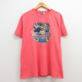 L★古着 半袖 Tシャツ メンズ レーシングカー スケルトン コットン クルーネック 濃ピンク 23jun07 中古(Tシャツ/カットソー(半袖/袖なし))