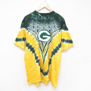 マジェスティック(Majestic)のXL★古着 マジェスティック 半袖 Tシャツ メンズ NFL グリーンベイパッカーズ 大きいサイズ コットン クルーネック 黄他 イエロー タイダイ アメフト スーパーボウル 23jun03 中古(Tシャツ/カットソー(半袖/袖なし))