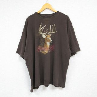 XL★古着 半袖 Tシャツ メンズ シカ 大きいサイズ クルーネック 茶 ブラウン 23jun03 中古(Tシャツ/カットソー(半袖/袖なし))