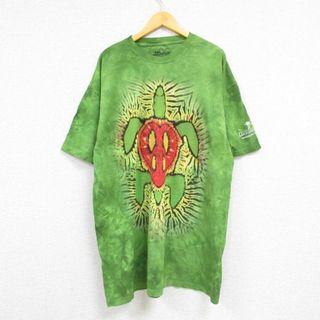 XL★古着 半袖 Tシャツ メンズ カメ 大きいサイズ ロング丈 コットン クルーネック 緑 グリーン タイダイ 23jun06 中古(Tシャツ/カットソー(半袖/袖なし))