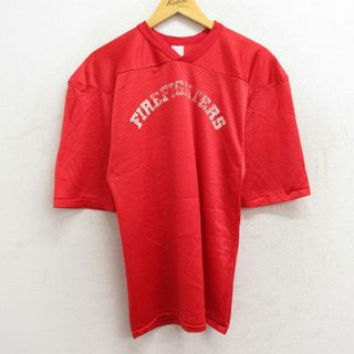 M★古着 半袖 ビンテージ フットボール Tシャツ メンズ 80年代 80s ファイアーファイターズ 10 メッシュ地 Vネック 赤 レッド ユニフォーム ゲームシャツ 23jun01 中古(Tシャツ/カットソー(半袖/袖なし))