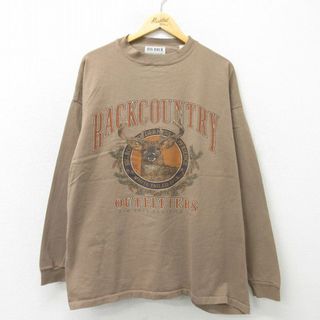 XL★古着 長袖 ビンテージ Tシャツ メンズ 90年代 90s シカ 大きいサイズ コットン クルーネック USA製 ベージュ カーキ 23jun06 中古(Tシャツ/カットソー(半袖/袖なし))