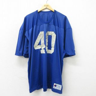 チャンピオン(Champion)のXL★古着 チャンピオン champion 半袖 ビンテージ フットボール Tシャツ メンズ 90年代 90s 40 大きいサイズ ロング丈 メッシュ地 Vネック 青 ブルー ゲームシャツ ユニフォーム 23jun06 中古(Tシャツ/カットソー(半袖/袖なし))