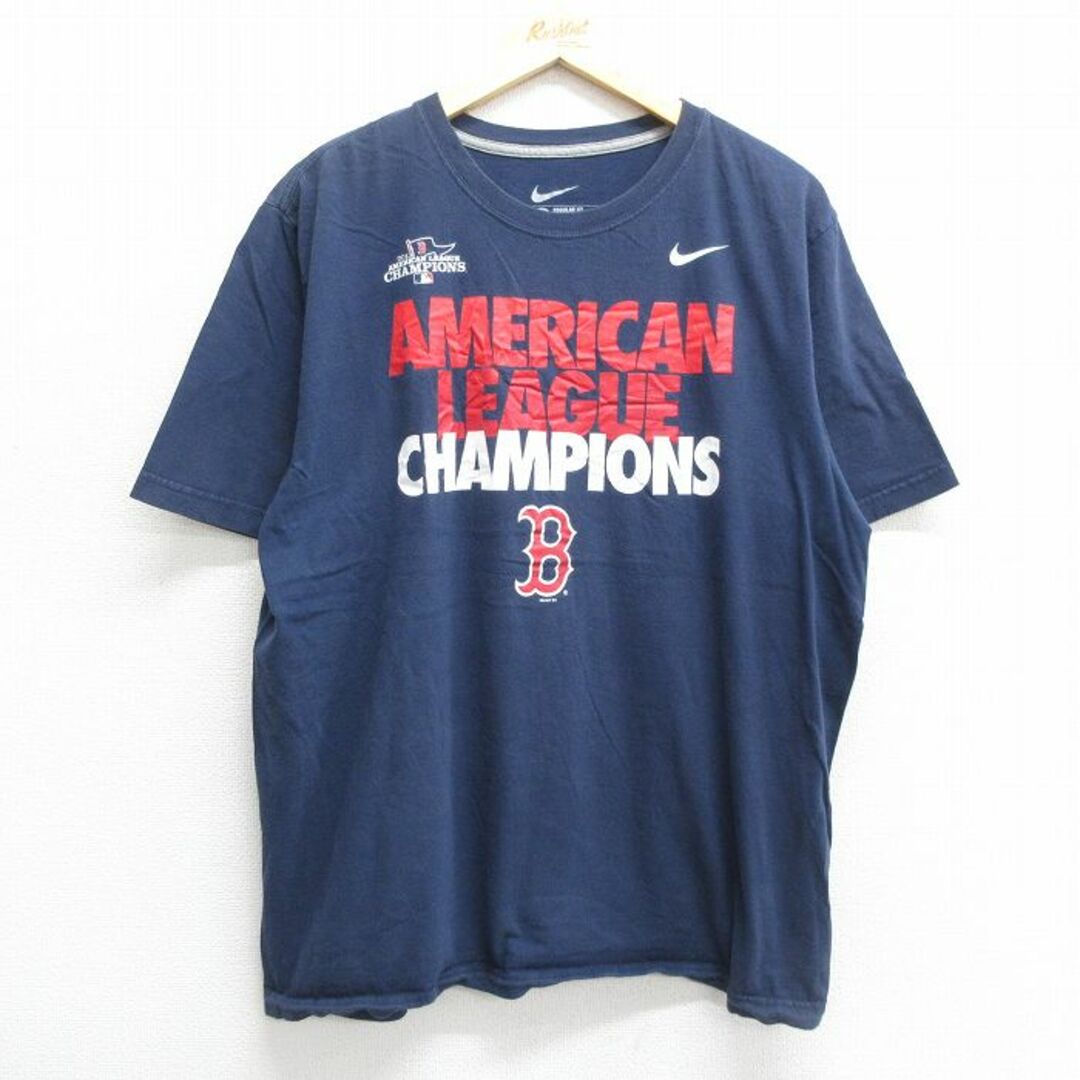 NIKE(ナイキ)のXL★古着 ナイキ NIKE 半袖 ブランド Tシャツ メンズ ワンポイントロゴ MLB ボストンレッドソックス 大きいサイズ コットン クルーネック 紺 ネイビー メジャーリーグ ベースボール 野球 23jun02 中古 メンズのトップス(Tシャツ/カットソー(半袖/袖なし))の商品写真