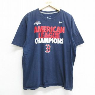 ナイキ(NIKE)のXL★古着 ナイキ NIKE 半袖 ブランド Tシャツ メンズ ワンポイントロゴ MLB ボストンレッドソックス 大きいサイズ コットン クルーネック 紺 ネイビー メジャーリーグ ベースボール 野球 23jun02 中古(Tシャツ/カットソー(半袖/袖なし))