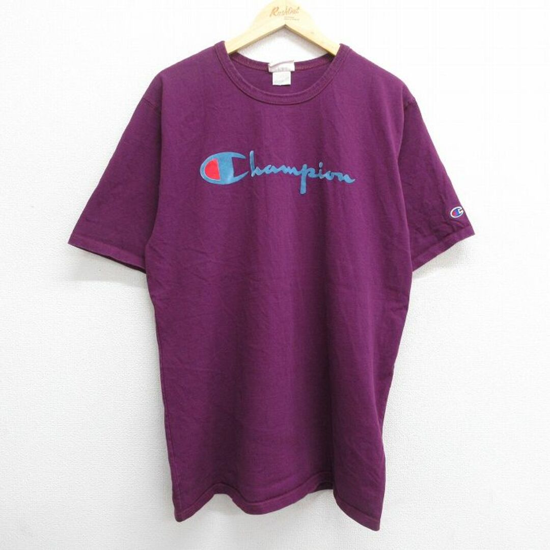 Champion(チャンピオン)のXL★古着 チャンピオン champion 半袖 ブランド Tシャツ メンズ ビッグロゴ 大きいサイズ コットン クルーネック 紫 パープル 23jun03 中古 メンズのトップス(Tシャツ/カットソー(半袖/袖なし))の商品写真