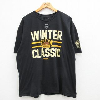 リーボック(Reebok)のXL★古着 リーボック REEBOK 半袖 ブランド Tシャツ メンズ NHL ボストンブルーインズ ワンポイントロゴ 大きいサイズ コットン クルーネック 黒 ブラック アメフト スーパーボウル 23jun07 中古(Tシャツ/カットソー(半袖/袖なし))