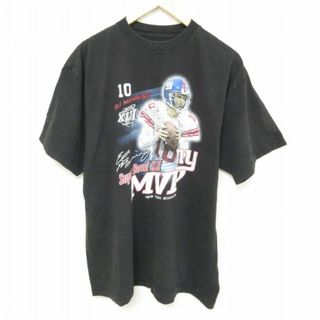 リーボック(Reebok)のXL★古着 リーボック REEBOK 半袖 ブランド Tシャツ メンズ NFL ニューヨークジャイアンツ イーライマニング 10 コットン クルーネック 黒 ブラック アメフト スーパーボウル 23jun09 中古(Tシャツ/カットソー(半袖/袖なし))