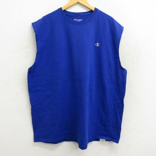 チャンピオン(Champion)のXL★古着 チャンピオン champion ノースリーブ Tシャツ メンズ ワンポイントロゴ 大きいサイズ ロング丈 コットン クルーネック 青 ブルー 23jun06 中古(タンクトップ)