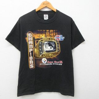 チャンピオン(Champion)のM★古着 半袖 ビンテージ Tシャツ メンズ 00年代 00s NFL ピッツバーグスティーラーズ チャンピオンリング コットン クルーネック 黒 ブラック アメフト スーパーボウル 23jun01 中古(Tシャツ/カットソー(半袖/袖なし))