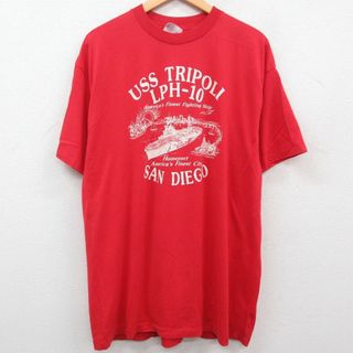 ヘインズ(Hanes)のXL★古着 ヘインズ Hanes 半袖 ビンテージ Tシャツ メンズ 80年代 80s 船 サンディエゴ 大きいサイズ クルーネック USA製 赤 レッド 23jun01 中古(Tシャツ/カットソー(半袖/袖なし))