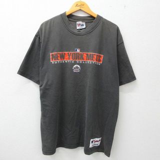 マジェスティック(Majestic)のXL★古着 マジェスティック 半袖 ビンテージ Tシャツ メンズ 00年代 00s MLB ニューヨークメッツ 大きいサイズ コットン クルーネック 濃グレー メジャーリーグ ベースボール 野球 23jun02 中古(Tシャツ/カットソー(半袖/袖なし))