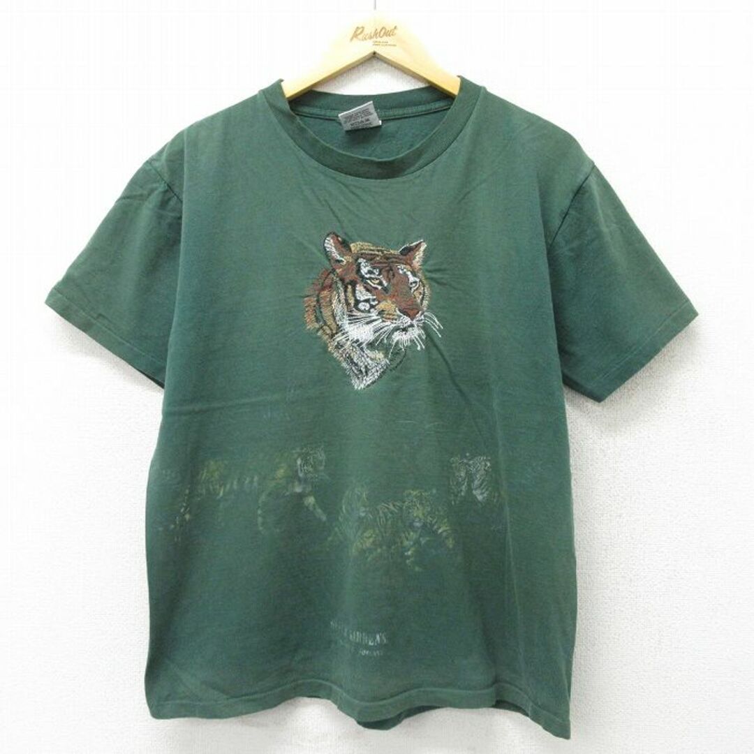 L★古着 半袖 ビンテージ Tシャツ メンズ 90年代 90s トラ 刺繍 コットン クルーネック USA製 緑 グリーン 【spe】 23jun02 中古 メンズのトップス(Tシャツ/カットソー(半袖/袖なし))の商品写真