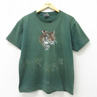 L★古着 半袖 ビンテージ Tシャツ メンズ 90年代 90s トラ 刺繍 コットン クルーネック USA製 緑 グリーン 【spe】 23jun02 中古(Tシャツ/カットソー(半袖/袖なし))