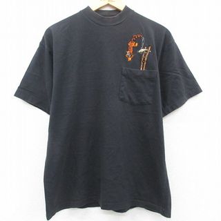 ディズニー(Disney)のXL★古着 半袖 ビンテージ Tシャツ メンズ 00年代 00s ディズニー DISNEY くまのプーさん ティガー 刺繍 胸ポケット付き コットン クルーネック 黒 ブラック 23jun03 中古(Tシャツ/カットソー(半袖/袖なし))