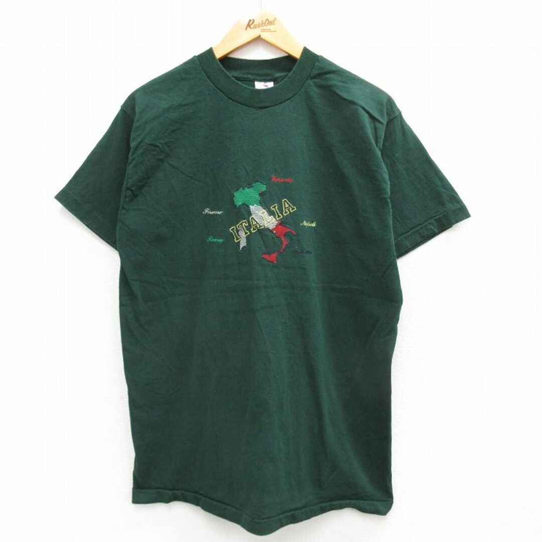 L★古着 半袖 ビンテージ Tシャツ メンズ 90年代 90s イタリア 刺繍 コットン クルーネック USA製 濃緑 グリーン 23jun06 中古 メンズのトップス(Tシャツ/カットソー(半袖/袖なし))の商品写真