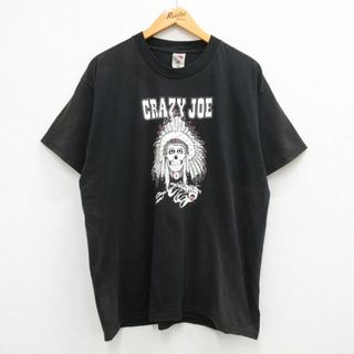 クレイジー(Crazy)のXL★古着 半袖 ビンテージ Tシャツ メンズ 00年代 00s CRAZY JOE スカル 大きいサイズ クルーネック 黒 ブラック 【spe】 23jun06 中古(Tシャツ/カットソー(半袖/袖なし))