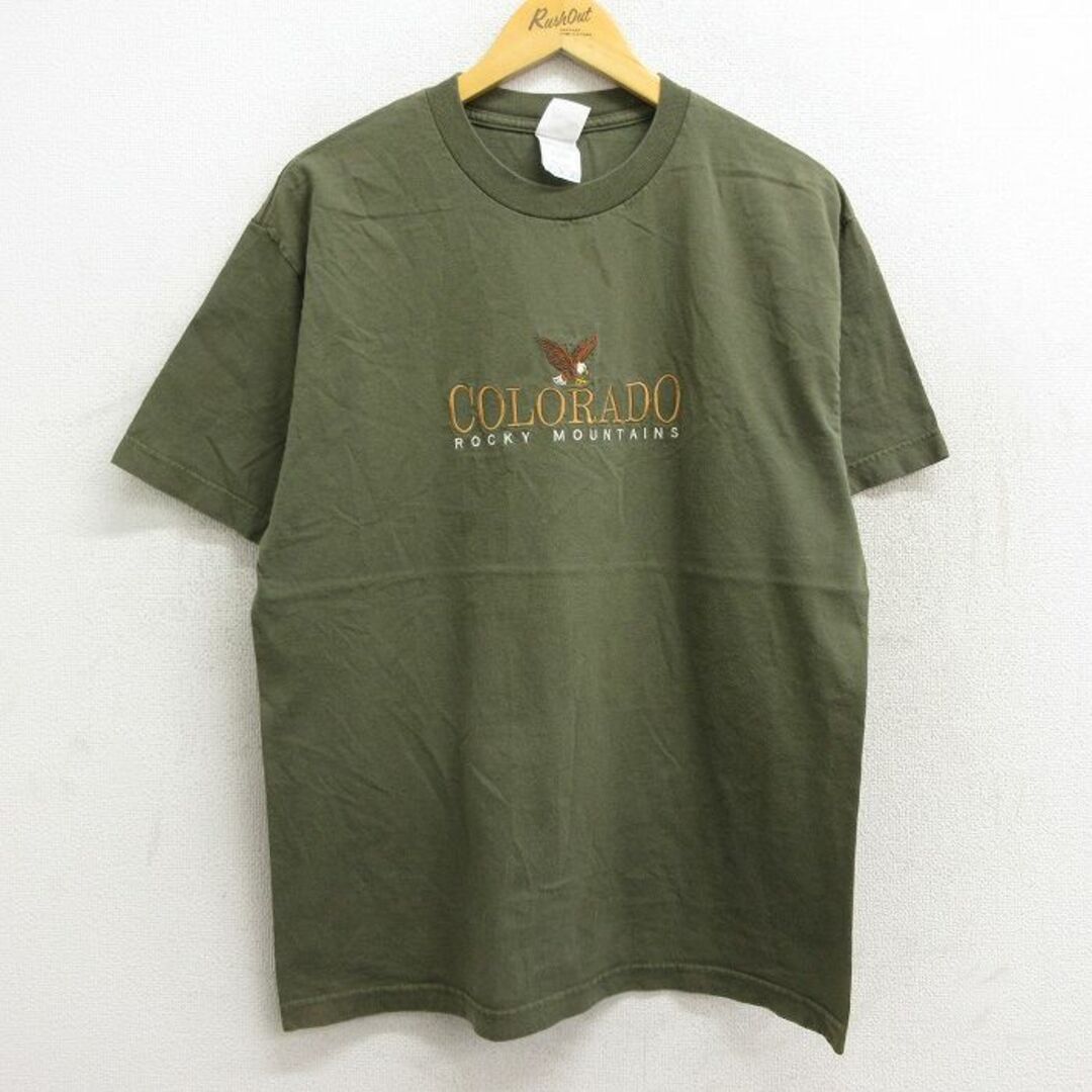 L★古着 半袖 ビンテージ Tシャツ メンズ 00年代 00s コロラド 鳥 刺繍 コットン クルーネック 濃緑 グリーン 23jun06 中古 メンズのトップス(Tシャツ/カットソー(半袖/袖なし))の商品写真