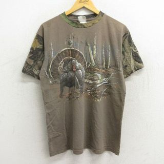 L★古着 半袖 ビンテージ Tシャツ メンズ 90年代 90s 鳥 クルーネック 茶他 ブラウン 【spe】 23jun08 中古(Tシャツ/カットソー(半袖/袖なし))