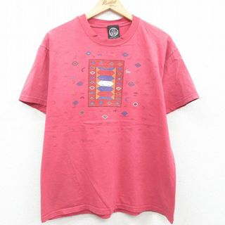 XL★古着 半袖 ビンテージ Tシャツ メンズ 90年代 90s ココペリ ホピ族 ネイティブ柄 ラグ柄 コットン クルーネック 赤 レッド 23jun09 中古(Tシャツ/カットソー(半袖/袖なし))