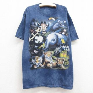 古着 半袖 ビンテージ Tシャツ キッズ ボーイズ 子供服 00年代 00s トラ キリン ゾウ コットン クルーネック 紺 ネイビー タイダイ 23jun17(シャツ/カットソー)