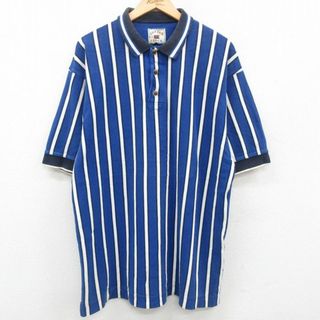 XL★古着 半袖 ポロ シャツ メンズ 大きいサイズ 鹿の子 コットン ロング丈 青他 ブルー ストライプ 23jun19 中古 トップス(ポロシャツ)