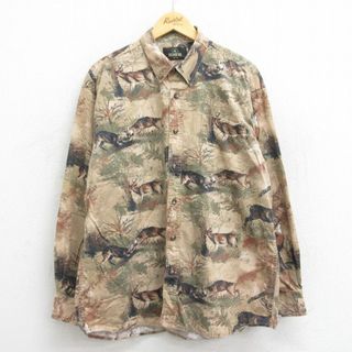 XL★古着 レッドヘッド 長袖 シャツ メンズ 00年代 00s シカ 総柄 コットン ボタンダウン 茶系他 ブラウン 23jun16 中古 トップス(シャツ)