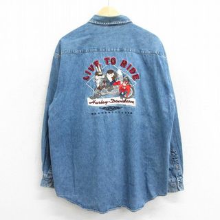 ハーレーダビッドソン(Harley Davidson)の【30%OFF】XL★古着 ハーレーダビッドソン Harley Davidson 長袖 シャツ メンズ 00年代 00s ビッグロゴ ルーニーテューンズ LOONEY TUNES タズ ワイリーコヨーテ ヨセミテサム 刺繍 ロング丈 コットン 紺 ネイビー デニム 【spe】 23jun16 中古 トップス(シャツ)