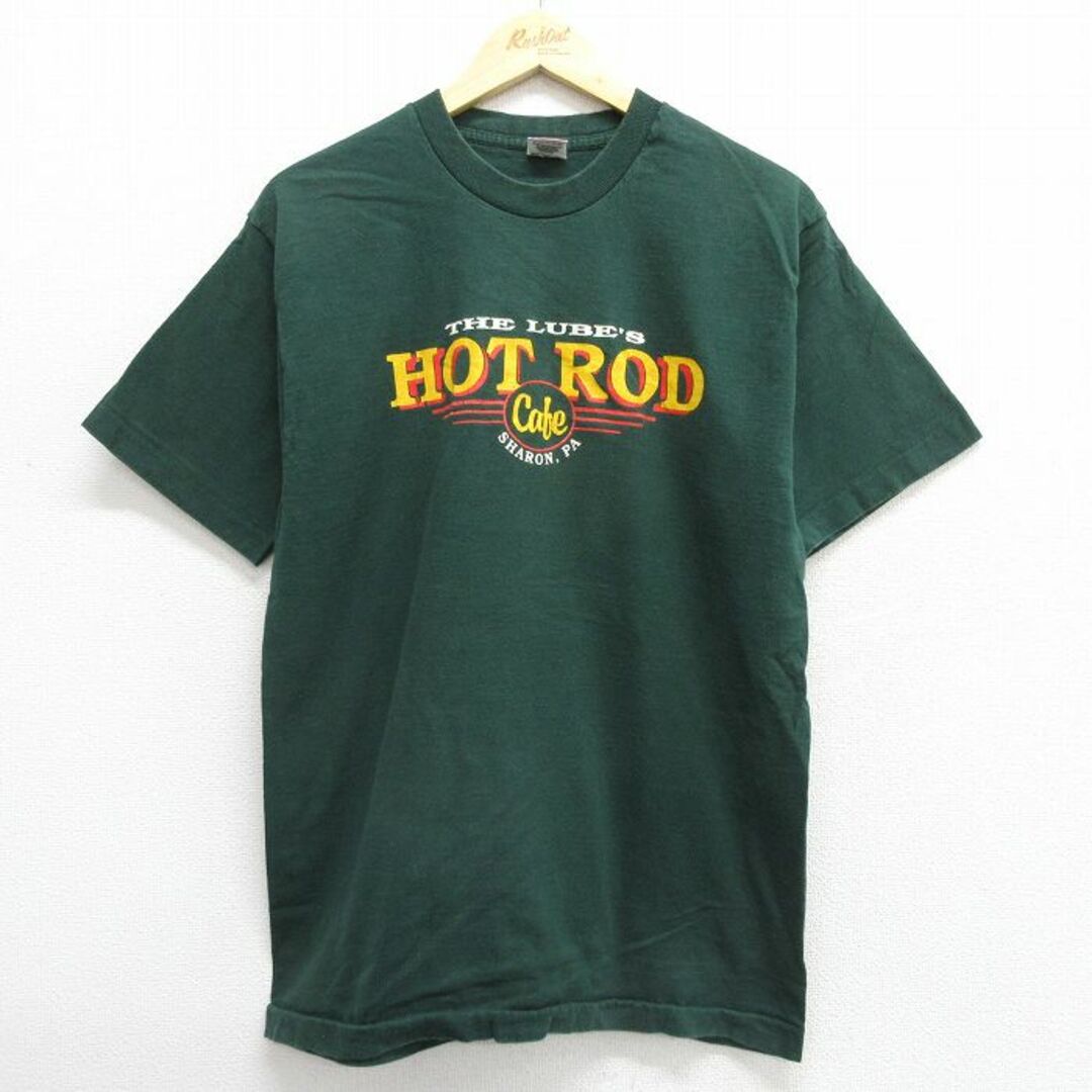 L★古着 半袖 ビンテージ Tシャツ メンズ 90年代 90s ホットロッド HOT ROD コットン クルーネック USA製 濃緑 グリーン 【spe】 23jun13 中古 メンズのトップス(Tシャツ/カットソー(半袖/袖なし))の商品写真