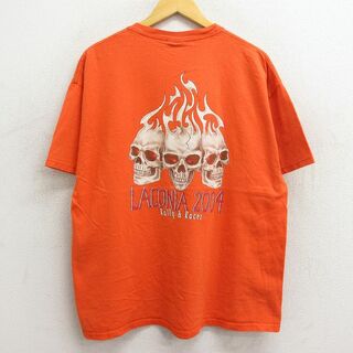 ヘインズ(Hanes)のXL★古着 ヘインズ Hanes 半袖 ビンテージ Tシャツ メンズ 00年代 00s スカル ラコニア コットン クルーネック オレンジ 【spe】 23jun19 中古(Tシャツ/カットソー(半袖/袖なし))