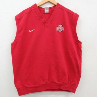 ナイキ(NIKE)のXL★古着 ナイキ NIKE ノースリーブ スウェット メンズ 90年代 90s オハイオバックアイズ 大きいサイズ Vネック 赤 レッド 23jun17 中古 スエット トレーナー トップス(パーカー)