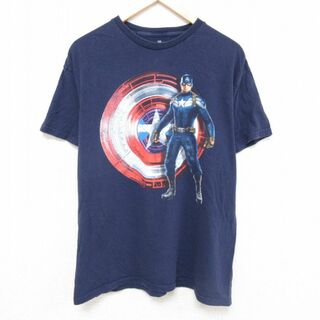 マーベル(MARVEL)のXL★古着 半袖 Tシャツ メンズ マーベル 映画 キャプテンアメリカ ウィンターソルジャー スティーブロジャース クリスエヴァンス コットン クルーネック 紺 ネイビー 23jun17 中古(Tシャツ/カットソー(半袖/袖なし))