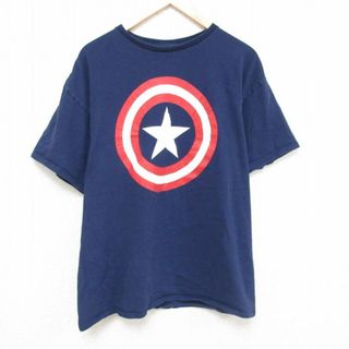 マーベル(MARVEL)のXL★古着 半袖 Tシャツ メンズ マーベル キャプテンアメリカ 大きいサイズ コットン クルーネック 紺 ネイビー 23jun17 中古(Tシャツ/カットソー(半袖/袖なし))