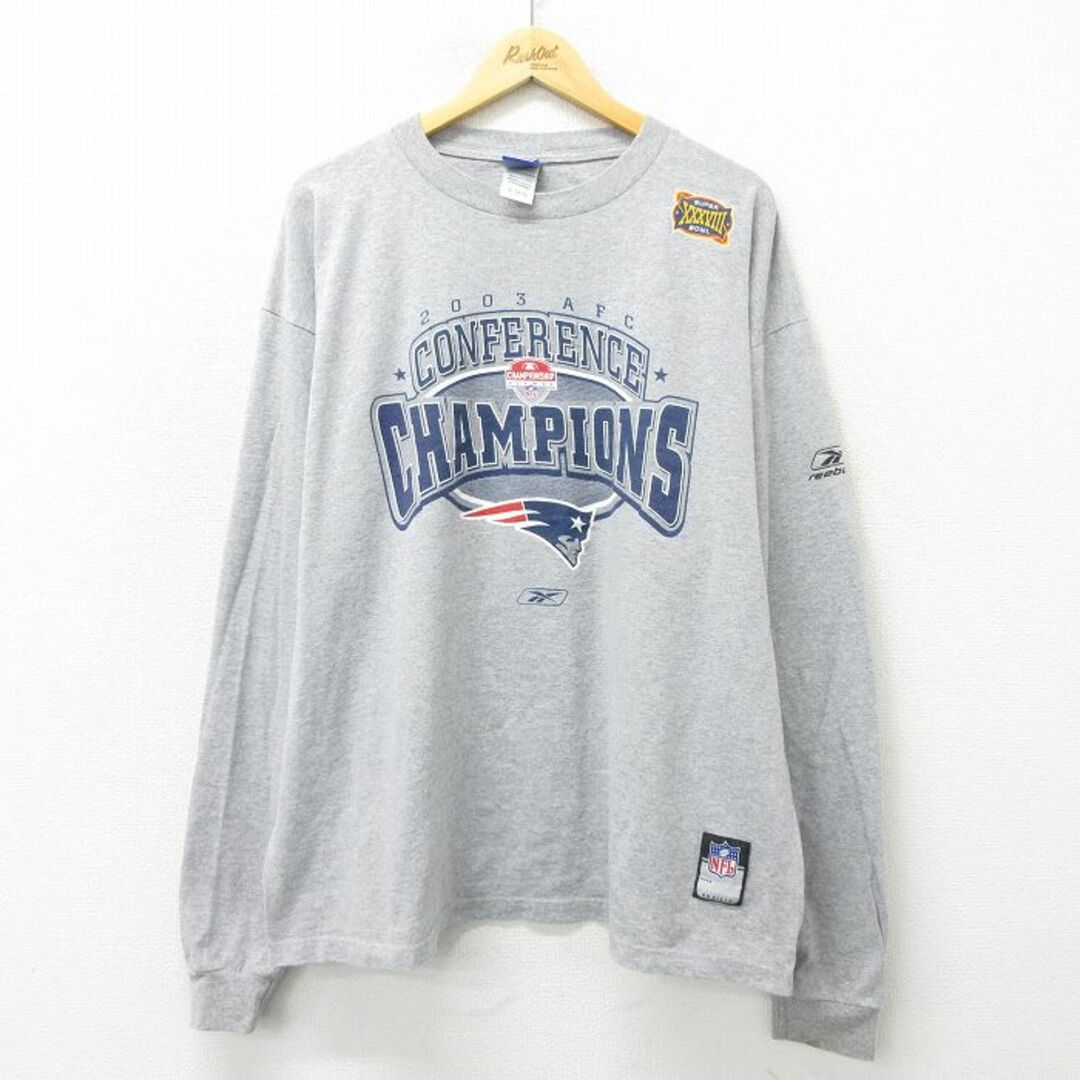 Reebok(リーボック)のXL★古着 リーボック REEBOK 長袖 ビンテージ Tシャツ メンズ 00年代 00s NFL ニューイングランドペイトリオッツ 大きいサイズ クルーネック グレー 霜降り アメフト スーパーボウル 23jun12 中古 メンズのトップス(Tシャツ/カットソー(半袖/袖なし))の商品写真