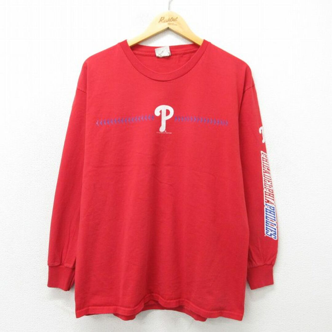 FILA(フィラ)のXL★古着 リー Lee 長袖 ビンテージ Tシャツ メンズ 00年代 00s MLB フィラデルフィアフィリーズ コットン クルーネック 赤 レッド メジャーリーグ ベースボール 野球 23jun13 中古 メンズのトップス(Tシャツ/カットソー(半袖/袖なし))の商品写真