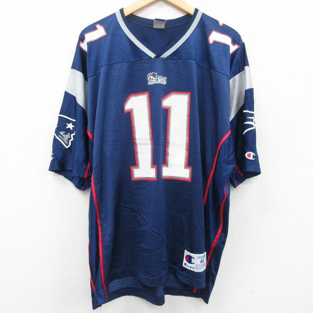 Champion(チャンピオン)のXL★古着 チャンピオン Champion 半袖 ビンテージフットボール Tシャツ メンズ 90年代 90s NFL ニューイングランドペイトリオッツ ドリューブレッドソー 大きいサイズ Vネック メッシュ地 紺他 ネイビー ユニフォーム ゲームシャツ アメフト スーパーボウル 23jun15 中古 メンズのトップス(Tシャツ/カットソー(半袖/袖なし))の商品写真