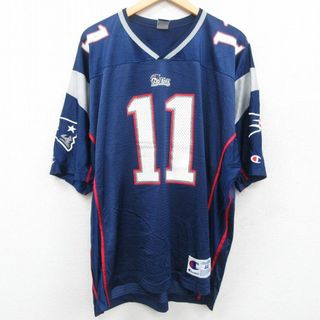 チャンピオン(Champion)のXL★古着 チャンピオン Champion 半袖 ビンテージフットボール Tシャツ メンズ 90年代 90s NFL ニューイングランドペイトリオッツ ドリューブレッドソー 大きいサイズ Vネック メッシュ地 紺他 ネイビー ユニフォーム ゲームシャツ アメフト スーパーボウル 23jun15 中古(Tシャツ/カットソー(半袖/袖なし))