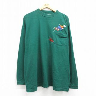 ディズニー(Disney)のXL★古着 長袖 ビンテージ Tシャツ メンズ 90年代 90s ディズニー DISNEY グーフィー 胸ポケット付き 大きいサイズ コットン クルーネック 濃緑 グリーン 【spe】 23jun17 中古(Tシャツ/カットソー(半袖/袖なし))