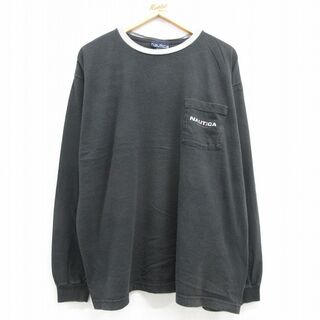 ノーティカ(NAUTICA)のXL★古着 ノーティカ NAUTICA 長袖 ブランド ビンテージ Tシャツ メンズ 90年代 90s ワンポイントロゴ 胸ポケット付き 大きいサイズ コットン クルーネック USA製 黒 ブラック 23jun17 中古(Tシャツ/カットソー(半袖/袖なし))