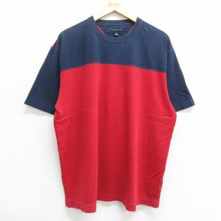 トミーヒルフィガー(TOMMY HILFIGER)のXL★古着 トミーヒルフィガー TOMMY HILFIGER 半袖 ブランド Tシャツ メンズ ワンポイントロゴ 大きいサイズ ツートンカラー コットン クルーネック 赤他 レッド 23jun12 中古(Tシャツ/カットソー(半袖/袖なし))