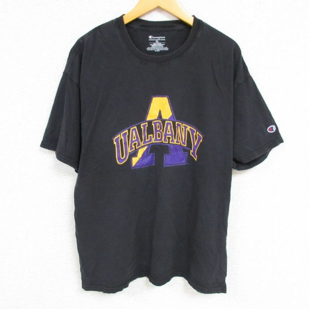 Champion(チャンピオン)のXL★古着 チャンピオン Champion 半袖 ブランド Tシャツ メンズ UALBANY コットン クルーネック 黒 ブラック 23jun12 中古 メンズのトップス(Tシャツ/カットソー(半袖/袖なし))の商品写真