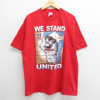 XL★古着 半袖 ビンテージ Tシャツ メンズ 90年代 90s WE STAND ウィスコンシン 手 メッセージ USA製 コットン クルーネック 赤 レッド 23jun12 中古(Tシャツ/カットソー(半袖/袖なし))