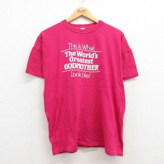 XL★古着 半袖 ビンテージ Tシャツ メンズ 80年代 80s GODMOTHER 大きいサイズ コットン クルーネック 濃ピンク 23jun12 中古(Tシャツ/カットソー(半袖/袖なし))