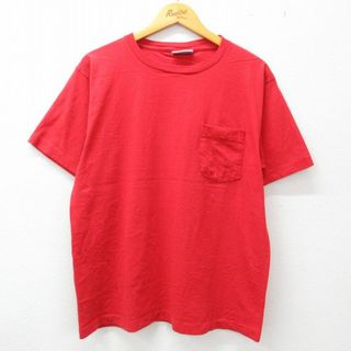 リーボック(Reebok)のXL★古着 リーボック REEBOK 半袖 ビンテージ Tシャツ メンズ 90年代 90s ワンポイントロゴ 胸ポケット付き コットン クルーネック USA製 赤 レッド 23jun13 中古(Tシャツ/カットソー(半袖/袖なし))